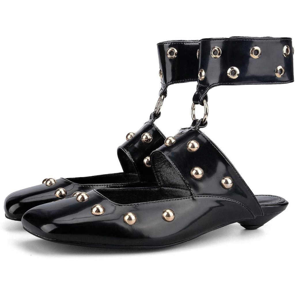 HT Studded Mules Square Toe Kitten Heeled Sandals, Black, SZ 7.5