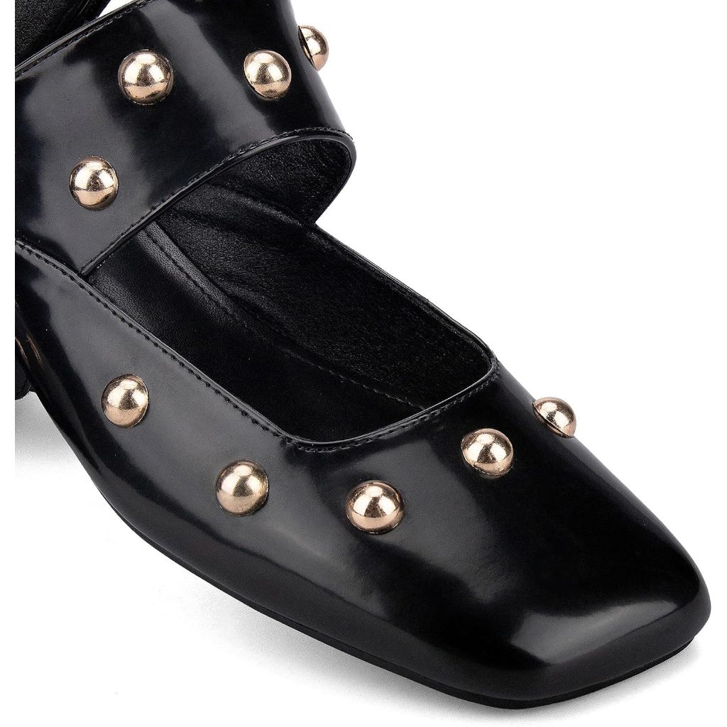 HT Studded Mules Square Toe Kitten Heeled Sandals, Black, SZ 7.5