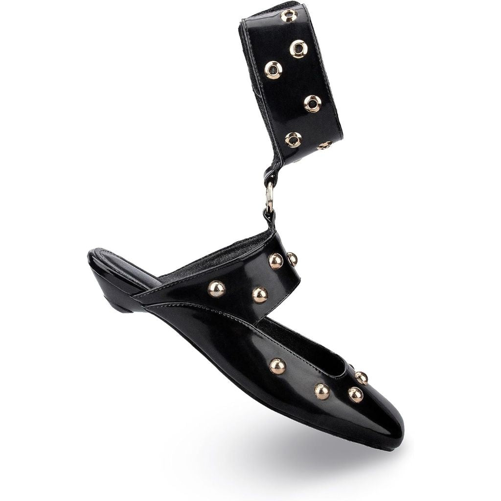 HT Studded Mules Square Toe Kitten Heeled Sandals, Black, SZ 7.5