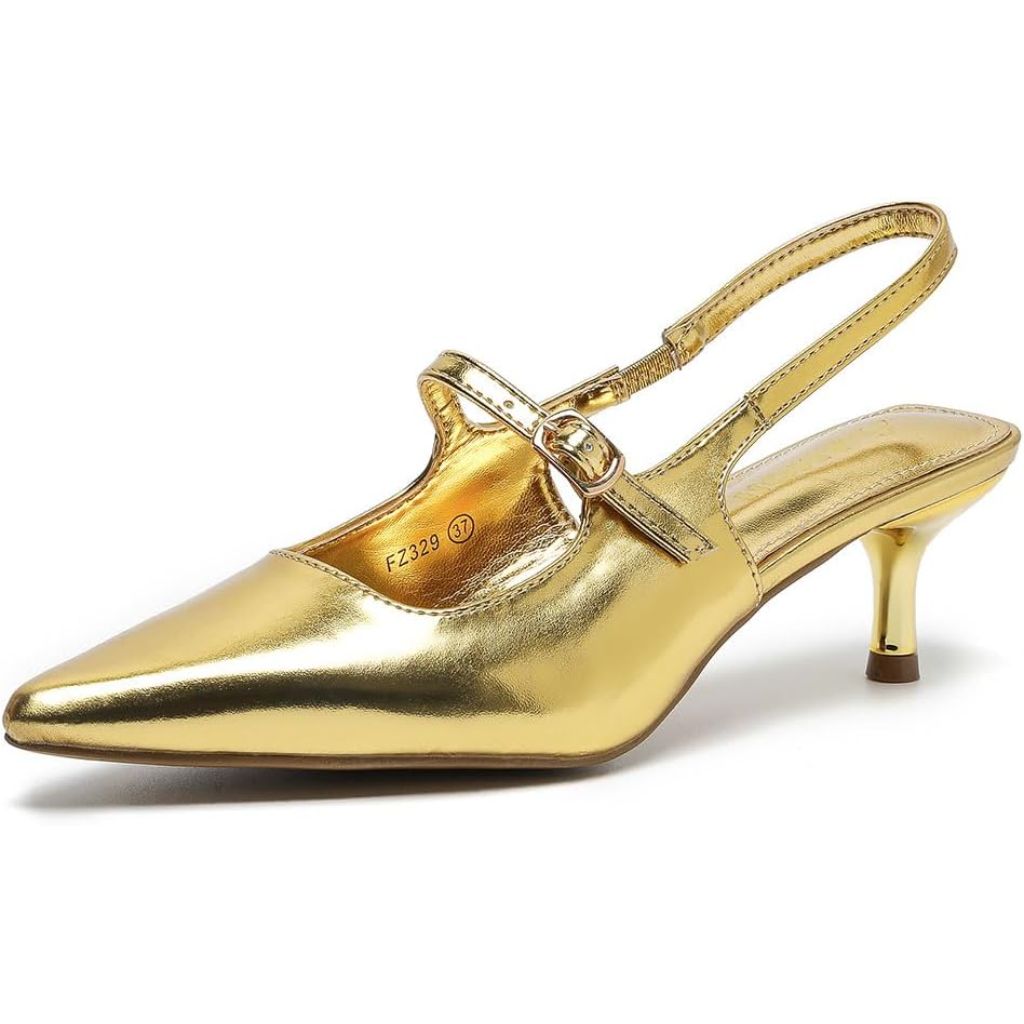 Amoji Women's Pointed Toe Kitten Heel Slingback Pump, Gold, SZ 6.5
