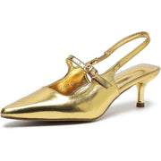 Amoji Women's Pointed Toe Kitten Heel Slingback Pump, Gold, SZ 6.5