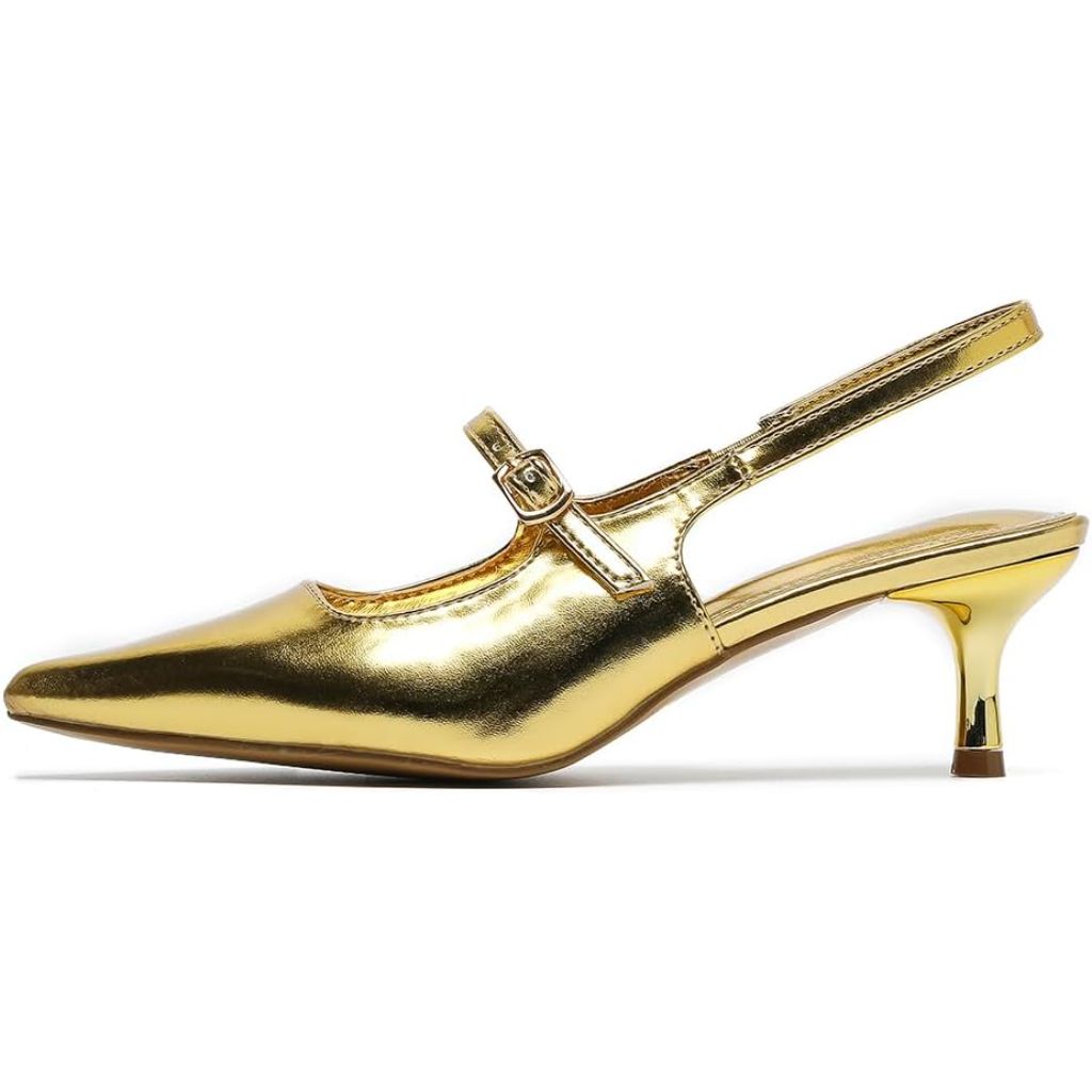 Amoji Women's Pointed Toe Kitten Heel Slingback Pump, Gold, SZ 6.5