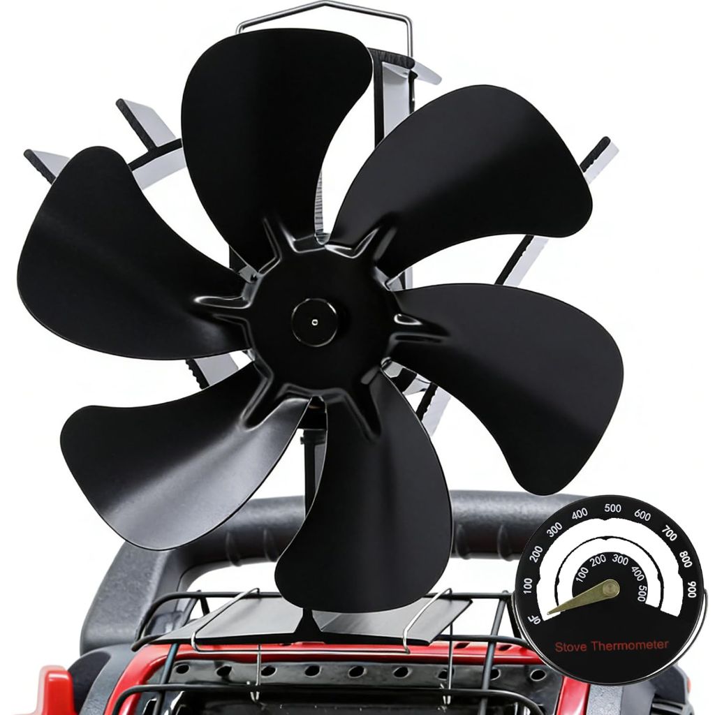 EcoCalligray 6-Blade Heat-Powered Wood Stove Fan w/Hook & Fireplace Thermometer