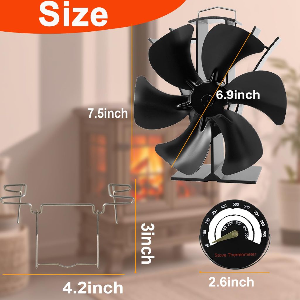 EcoCalligray 6-Blade Heat-Powered Wood Stove Fan w/Hook & Fireplace Thermometer