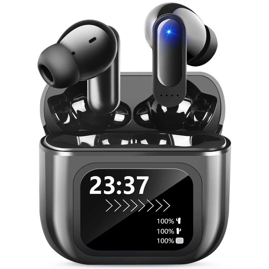 Intelligent Touch Color Screen Pure Bass Wireless Headphones w/Charging Case = Glossy Black