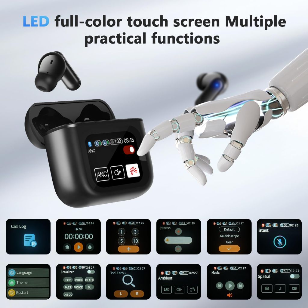 Intelligent Touch Color Screen Pure Bass Wireless Headphones w/Charging Case = Glossy Black