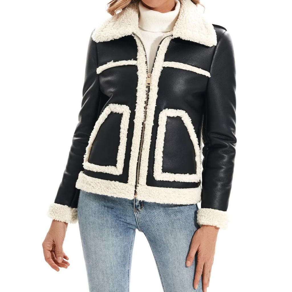 WYOYW Women's Faux-Fur Lined Sherpa Moto Jacket - Black, Size XL