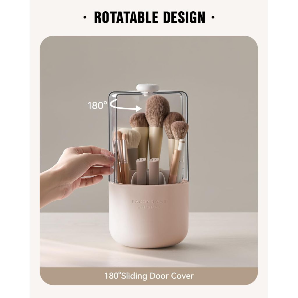 EACHY Makeup Brush Holder 360° Rotating with Dustproof Lid (Pink)
