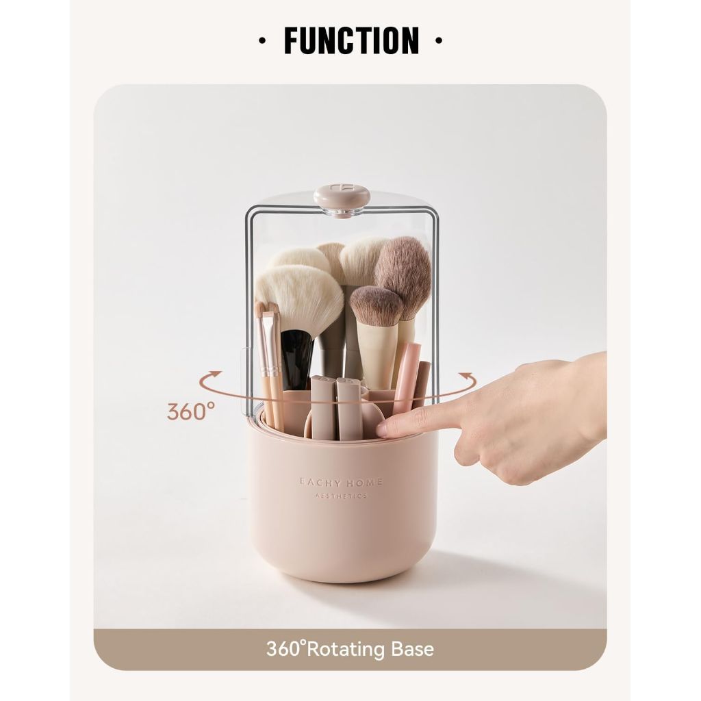 EACHY Makeup Brush Holder 360° Rotating with Dustproof Lid (Pink)