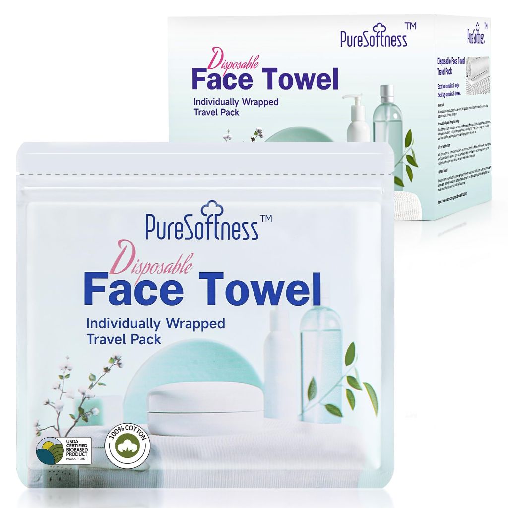 PureSoftness Travel Pack Disposable Face Towel, Individually Packed Each Re-sealable Bag Contains 5 Dry Towels, Makeup Remove and Face Wash, Business Trip, Camping, Fitness, Yoga (5 Pack, 25 Towels)