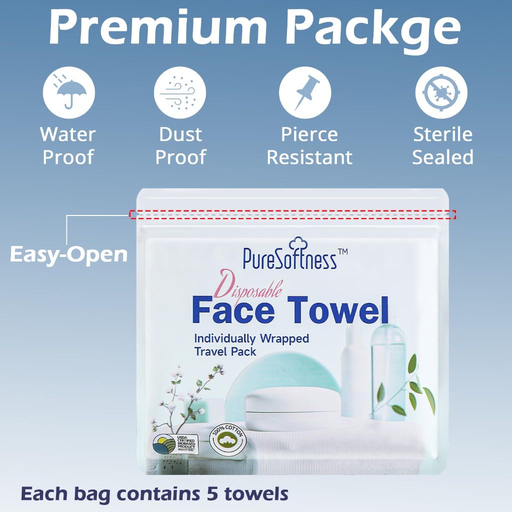PureSoftness Travel Pack Disposable Face Towel, Individually Packed Each Re-sealable Bag Contains 5 Dry Towels, Makeup Remove and Face Wash, Business Trip, Camping, Fitness, Yoga (5 Pack, 25 Towels)