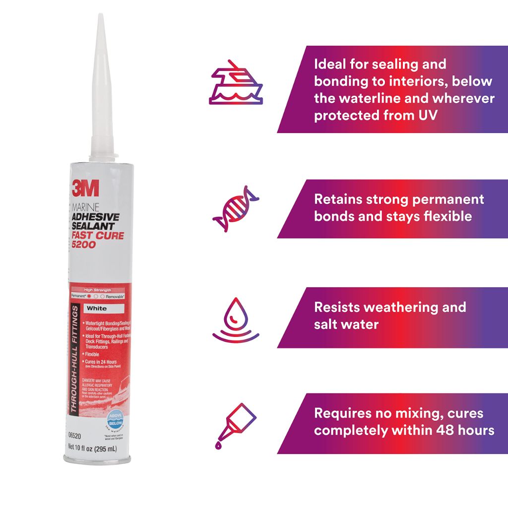 3M Marine Adhesive Sealant 5200FC Fast Cure, White, Flexible Bonds, Water-Resistant, 10 fl oz (295 mL) Cartridge with Nozzle, 1 Each