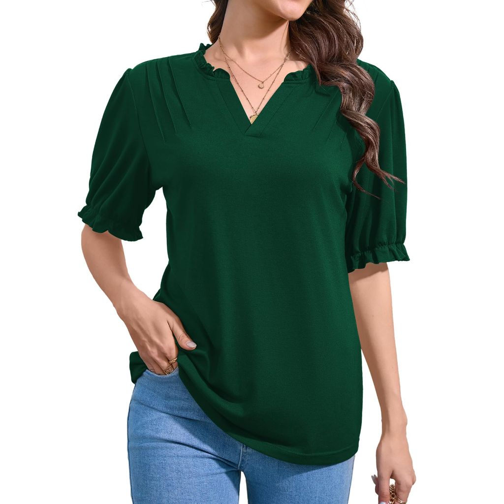 LA BAIESO Women's Puff Sleeve Ruffle V-Neck Blouse - Green, XXL