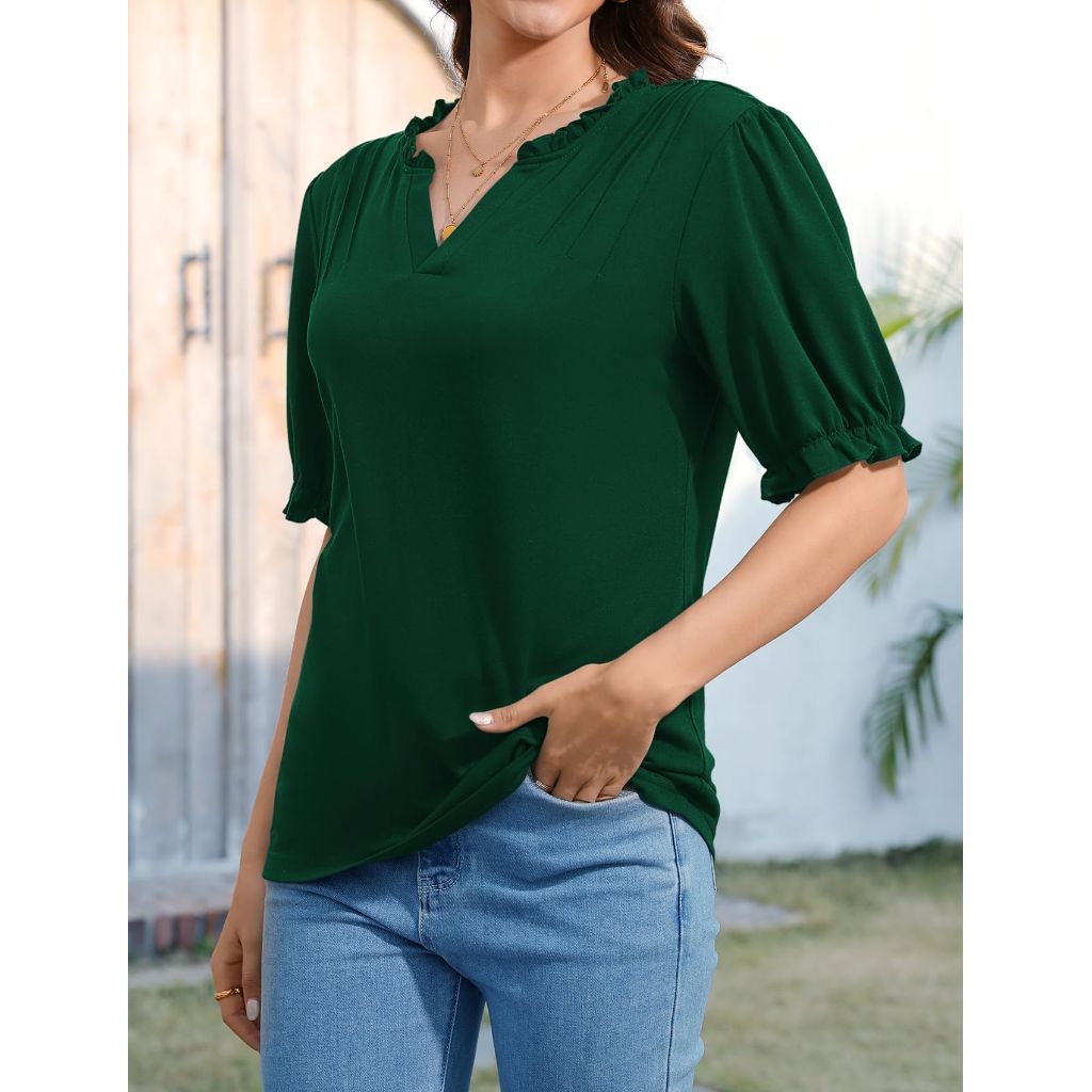 LA BAIESO Women's Puff Sleeve Ruffle V-Neck Blouse - Green, XXL