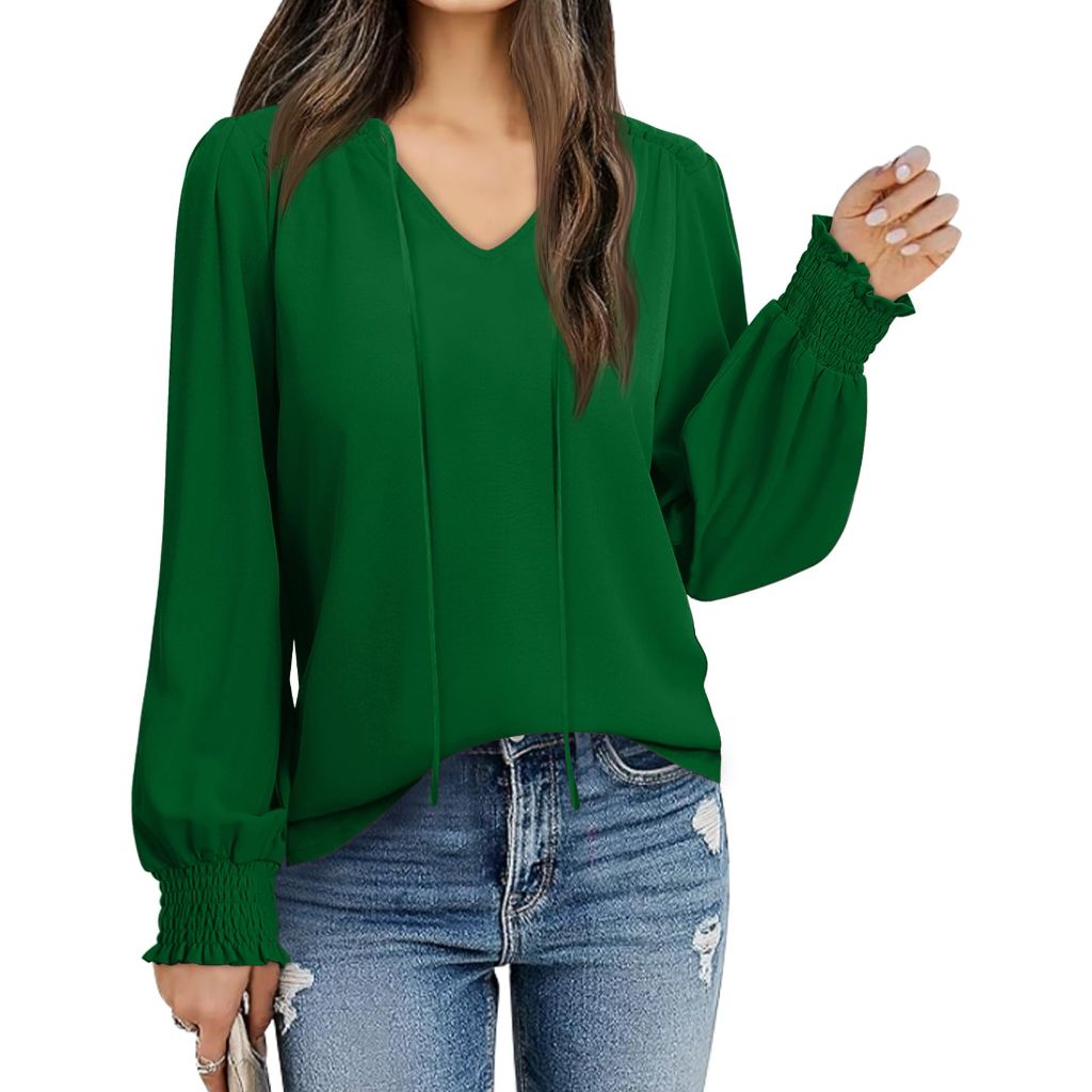 LA BAIESO Women's V-Neck Puff Sleeve Long Sleeve Blouse - Green, Large