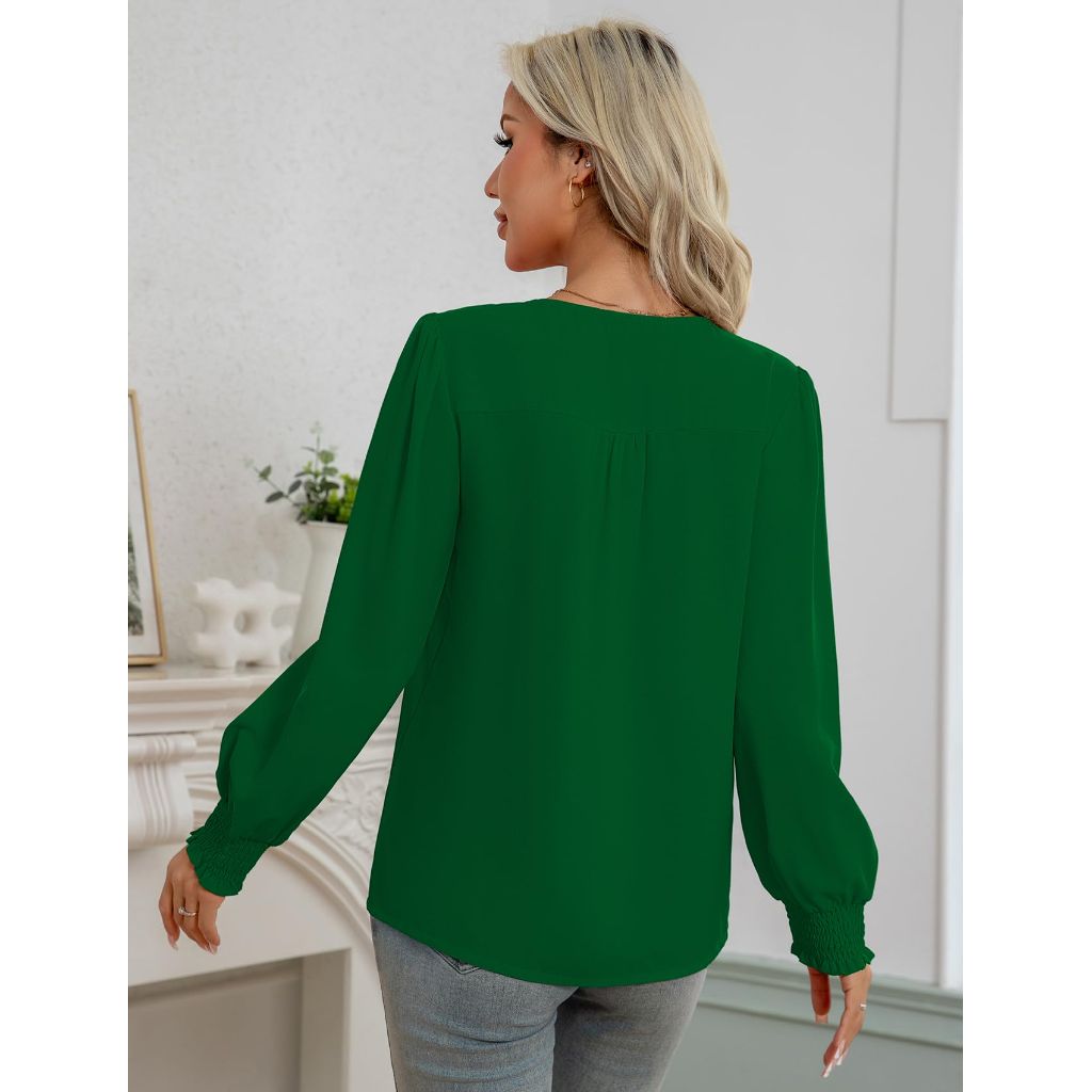 LA BAIESO Women's V-Neck Puff Sleeve Long Sleeve Blouse - Green, Large