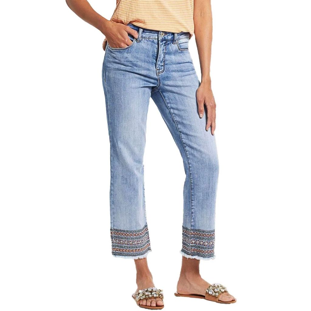 Flamingals Straight Leg Cropped Jeans Embroidery Raw Hem, Light Blue, SZ XL