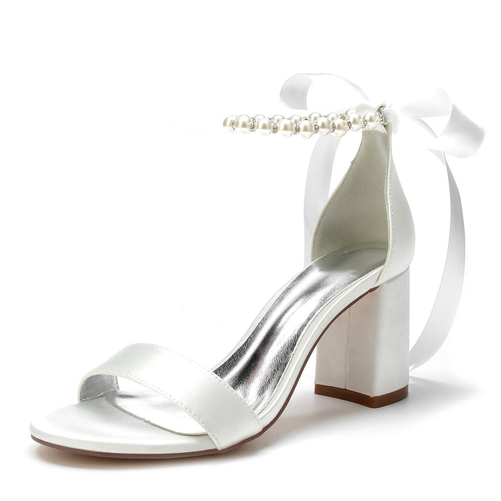 Hyinlays Women's Block Heeled Open Toe Dress Sandals w/Pearl Ankle Strap - Ivory, Size 9