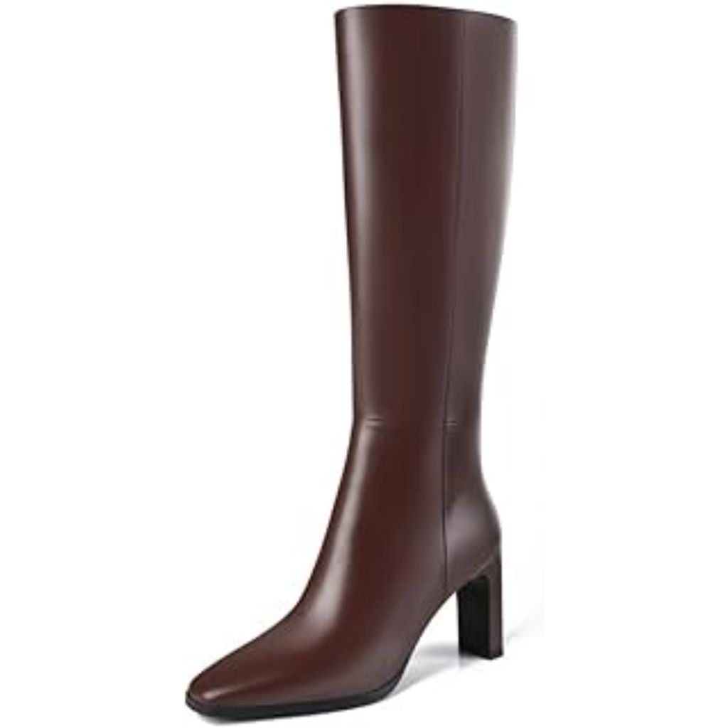 LUXMUWA Women's Chunky Heel Square Toe Knee-High Boots - Brown, Size 9