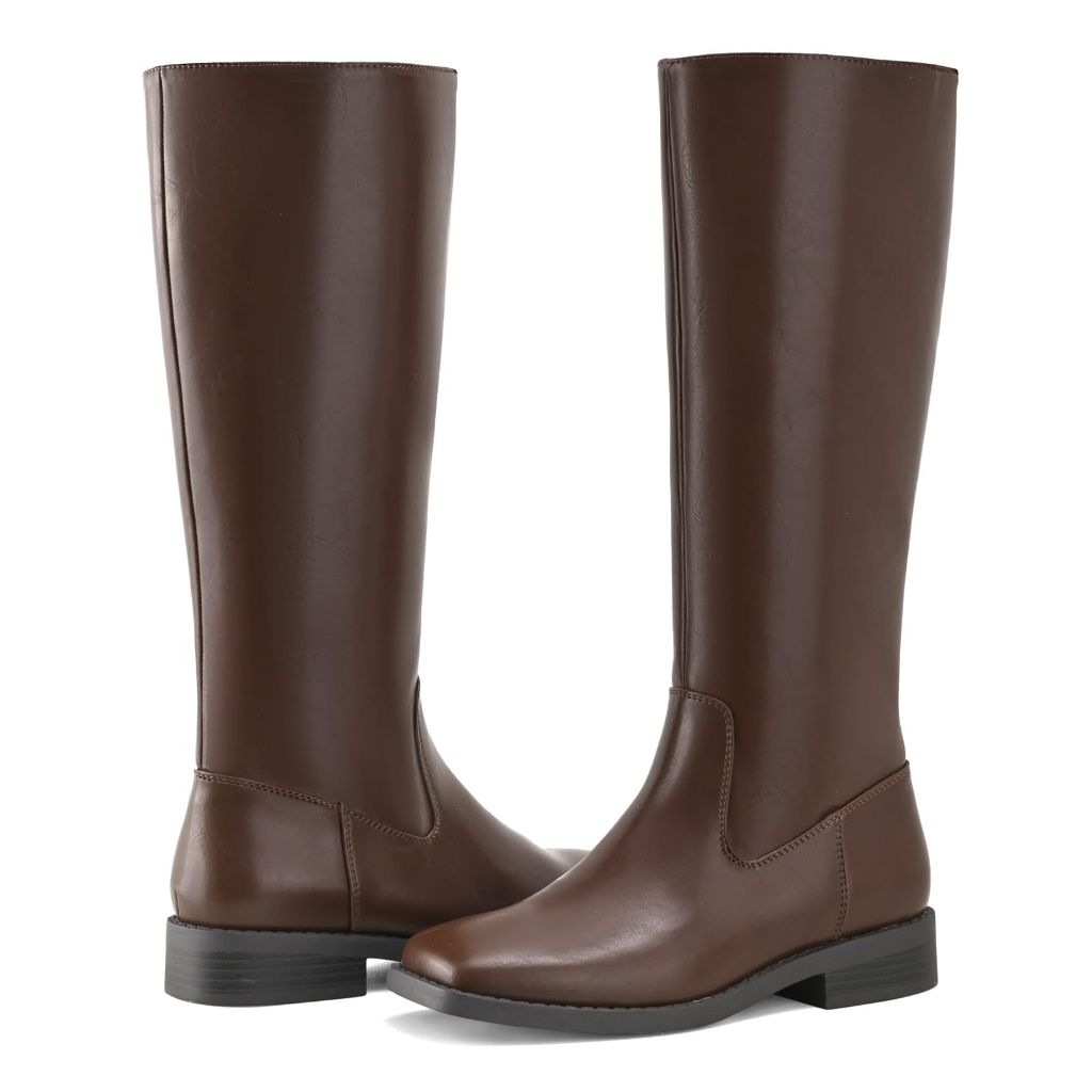 Shoe'N Tale Knee High Boots for Women Block Low Heel Stretchy Square Toe with Side Zipper Fall and Winter Fashion Comfortable Boots(8.5,Brown PU)