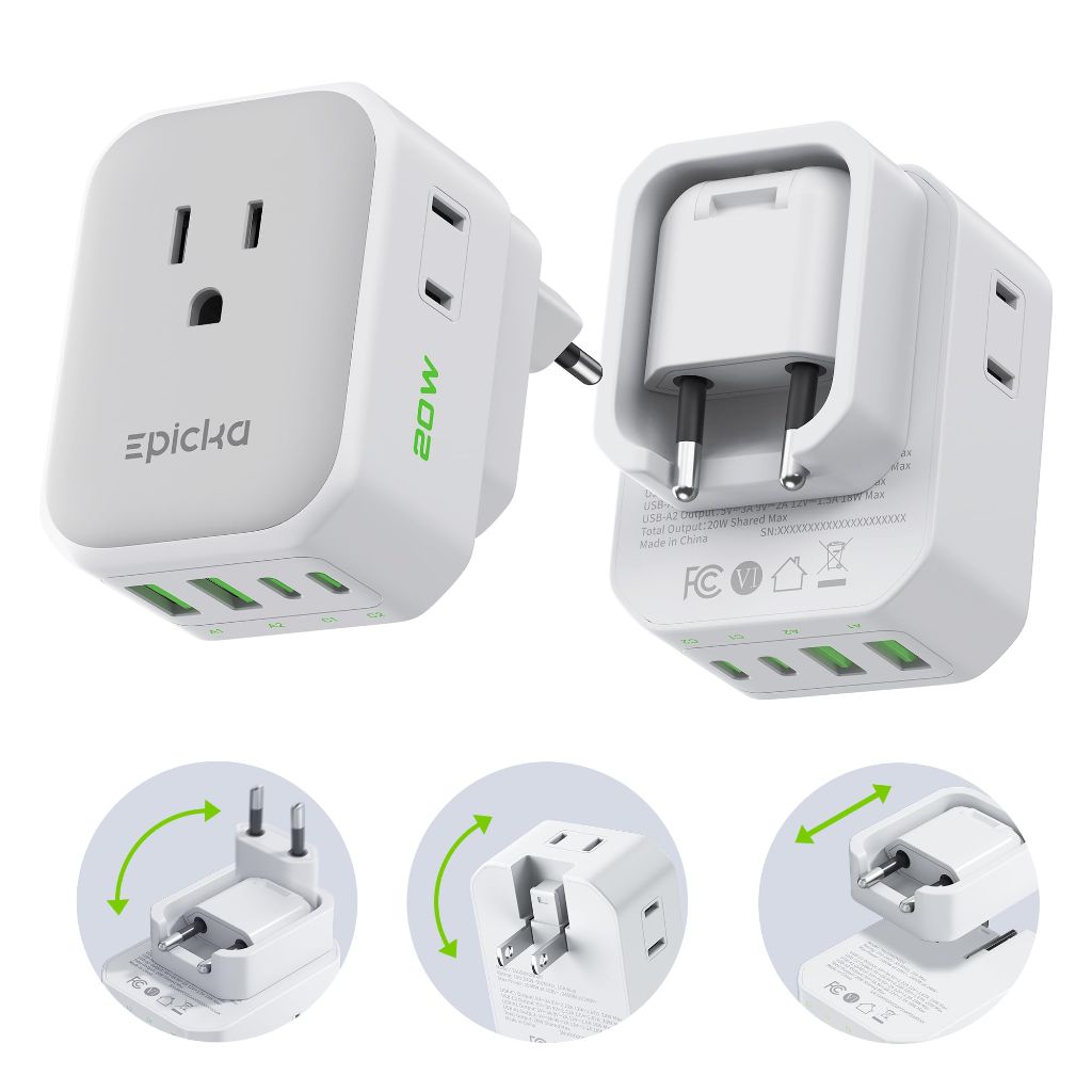 Epicka Hybrid 8-in-1 Travel QAdapter with European VisaPlug, 8 Ports / 20W (2 Pack) - White