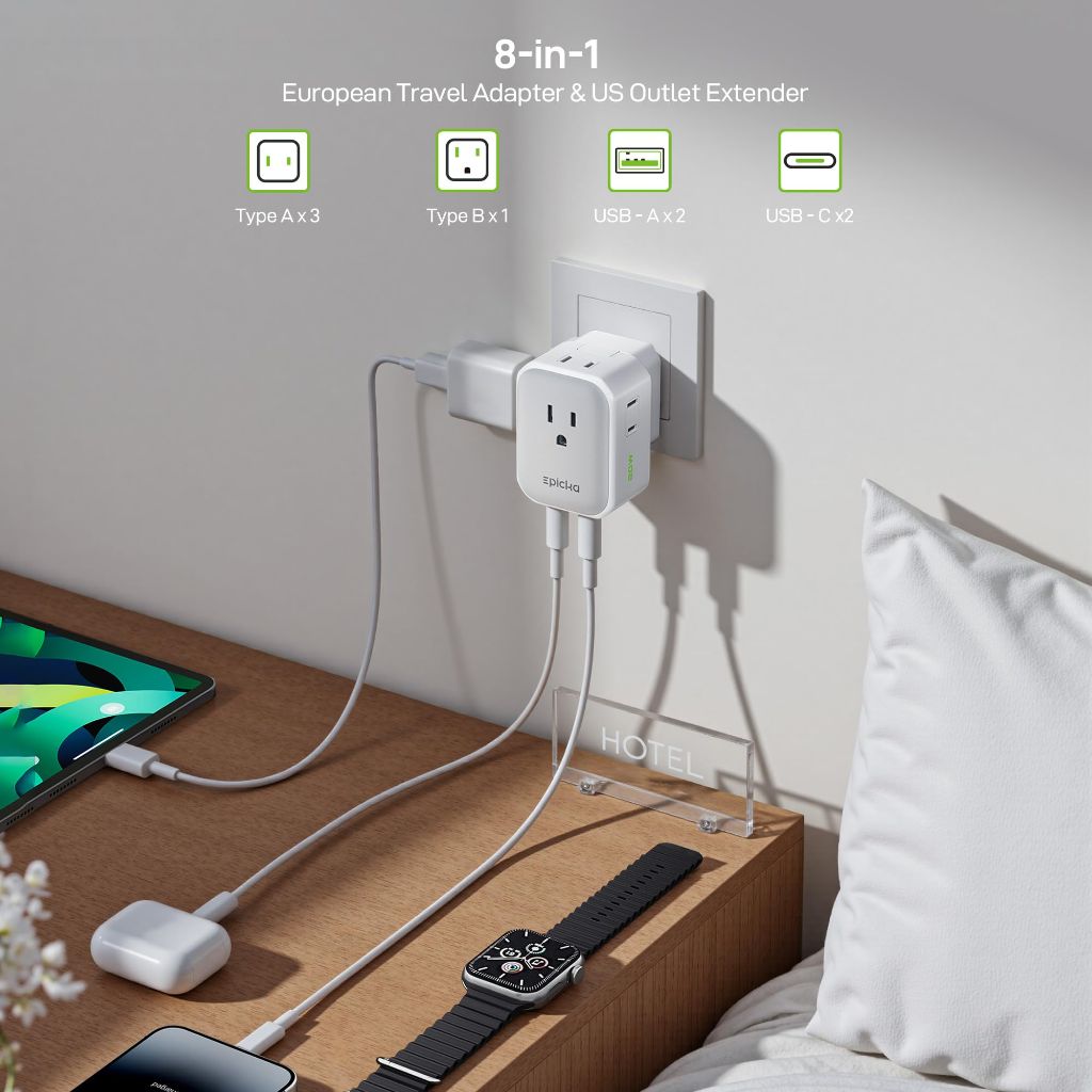 Epicka Hybrid 8-in-1 Travel QAdapter with European VisaPlug, 8 Ports / 20W (2 Pack) - White