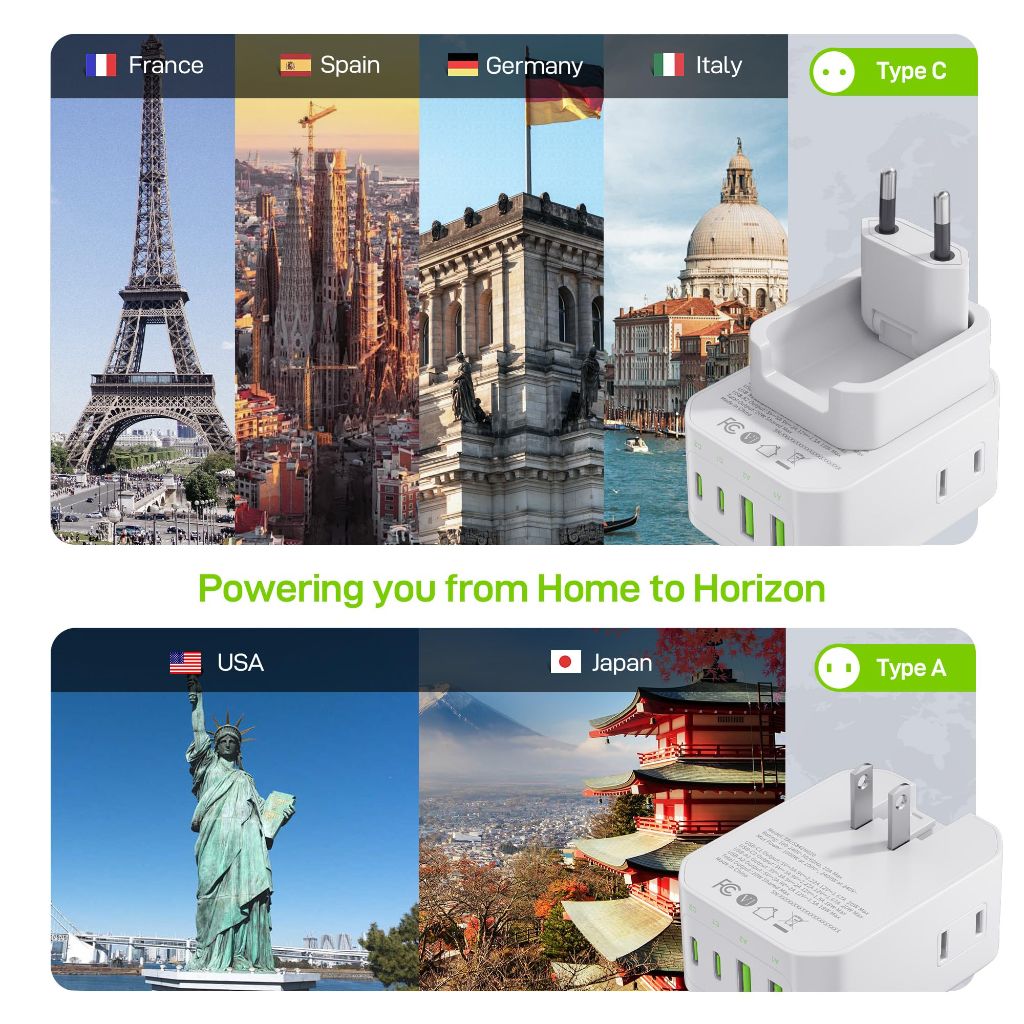 Epicka Hybrid 8-in-1 Travel QAdapter with European VisaPlug, 8 Ports / 20W (2 Pack) - White