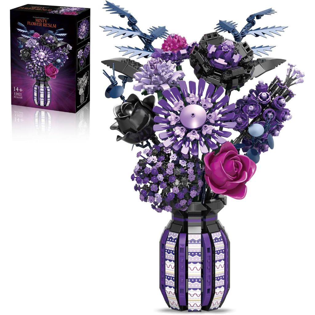 Misty Flower Building Set Compatible with Lego Flowers Botanical Collection - Purple Bouquet with Vase, 1549pcs (11021)