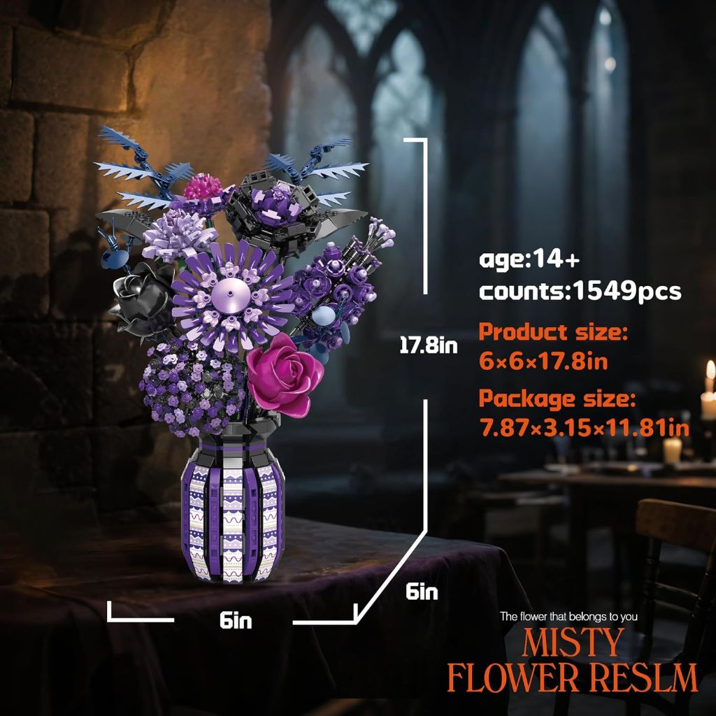 Misty Flower Building Set Compatible with Lego Flowers Botanical Collection - Purple Bouquet with Vase, 1549pcs (11021)