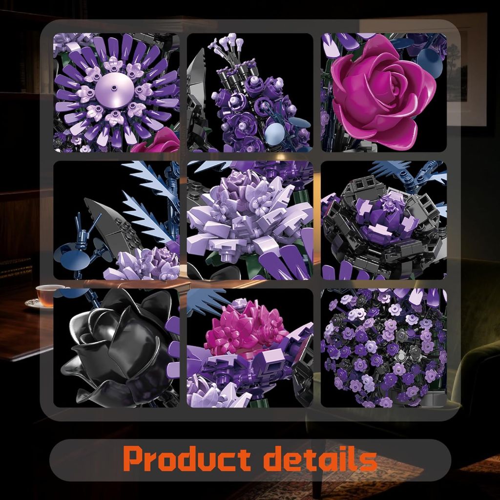 Misty Flower Building Set Compatible with Lego Flowers Botanical Collection - Purple Bouquet with Vase, 1549pcs (11021)