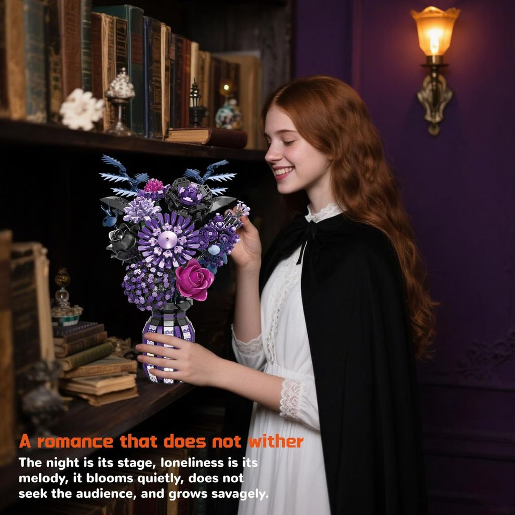 Misty Flower Building Set Compatible with Lego Flowers Botanical Collection - Purple Bouquet with Vase, 1549pcs (11021)