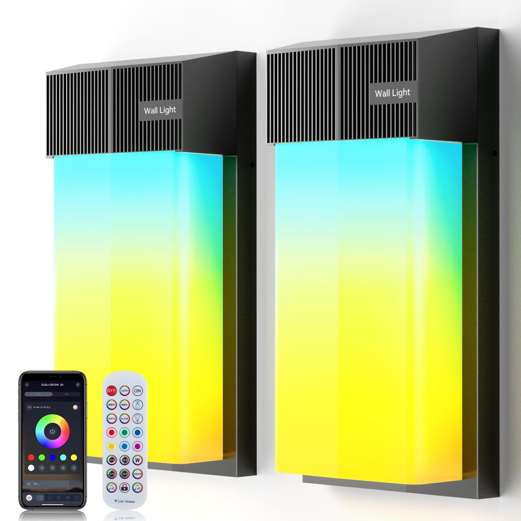OIYN Smart Outdoor Wall Light, RGBWW LED Porch Light with 30 Scene Modes, 1500LM – Black (2 Pack)