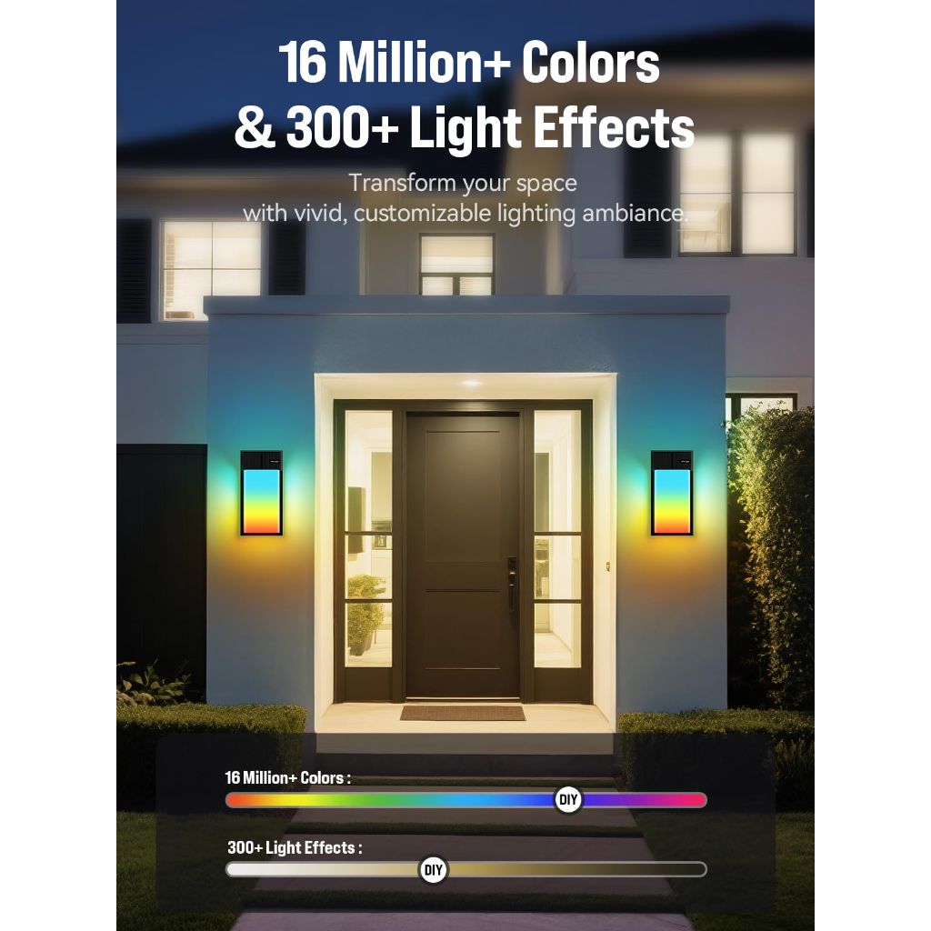 OIYN Smart Outdoor Wall Light, RGBWW LED Porch Light with 30 Scene Modes, 1500LM, IP65 Waterproof, DIY Color-Changing Wall Lamp for Garden, Patio, Christmas and Holiday Decorations – 2 Pack