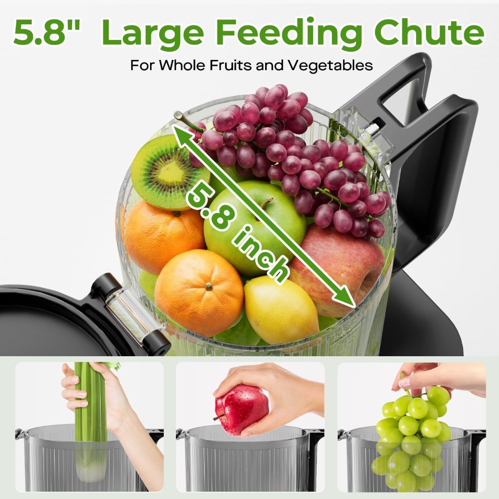 Cold Press Juicer, 5.8" Wide Feed Chute Juice Extractor Machine with 400W, High Juice Yield, Slow Masticating Juicer for Whole Vegetables & Fruits, Stainless Steel