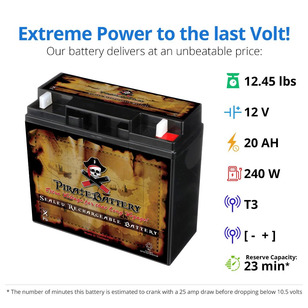 Pirate Battery 12V 20AH T3 Maintenance-Free Battery for Alarm Systems, Scooters, Toys, Emergency Lights, and More - Nut and Bolt (T3) Terminal