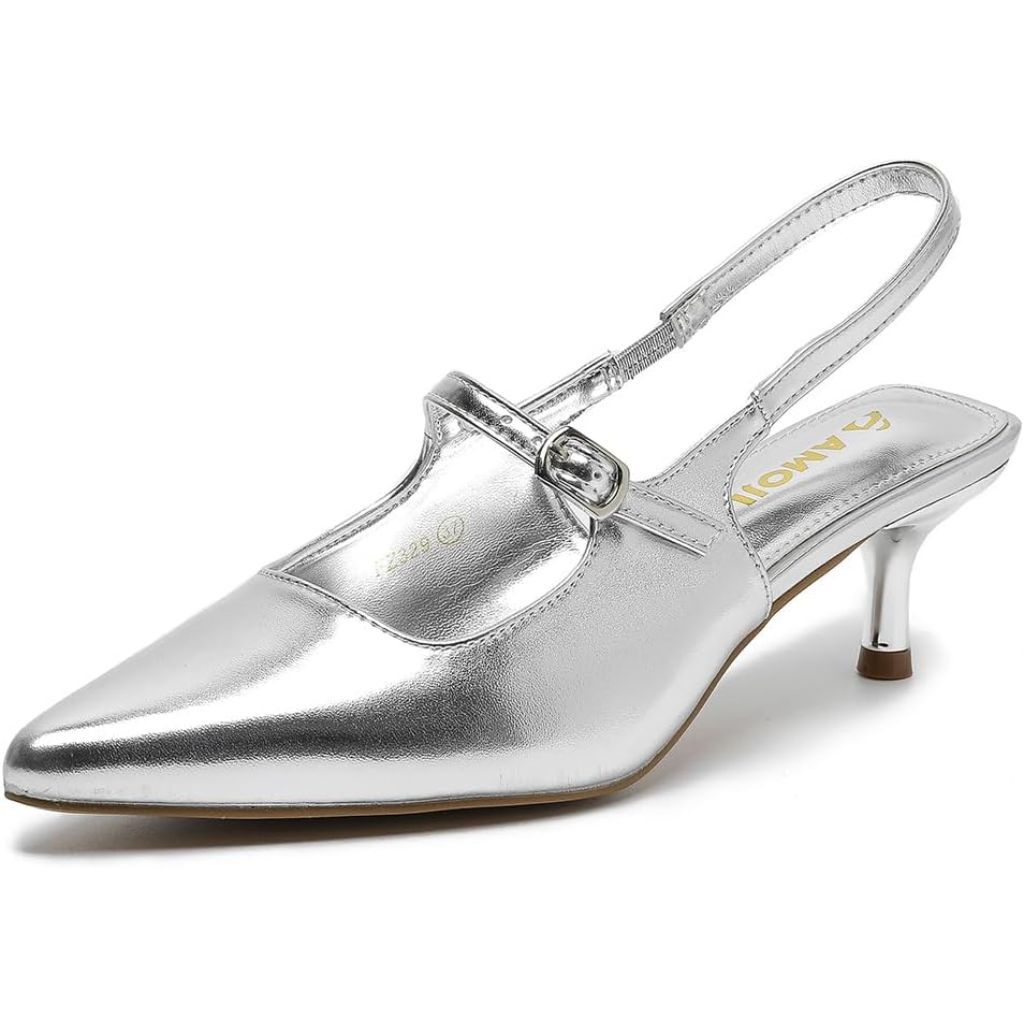 Amoji Women's 2 Inch Pointed Toe Low Kitten Heel, 8