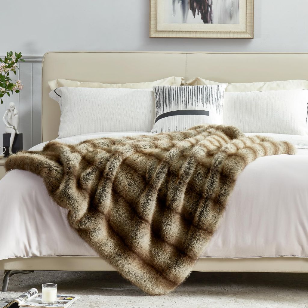 Dreamnine Premium Luxury Fuzzy Faux Fur Throw Blanket - Gold/Brown, 50" x 60"