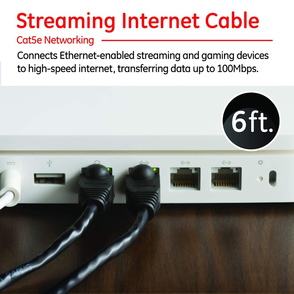 GE Cat5E Ethernet Cable Up to 100Mbps, Rated 100 Mhz, UTP for High Speed Internet Devices, RJ45 Connectors - Black, 6ft.