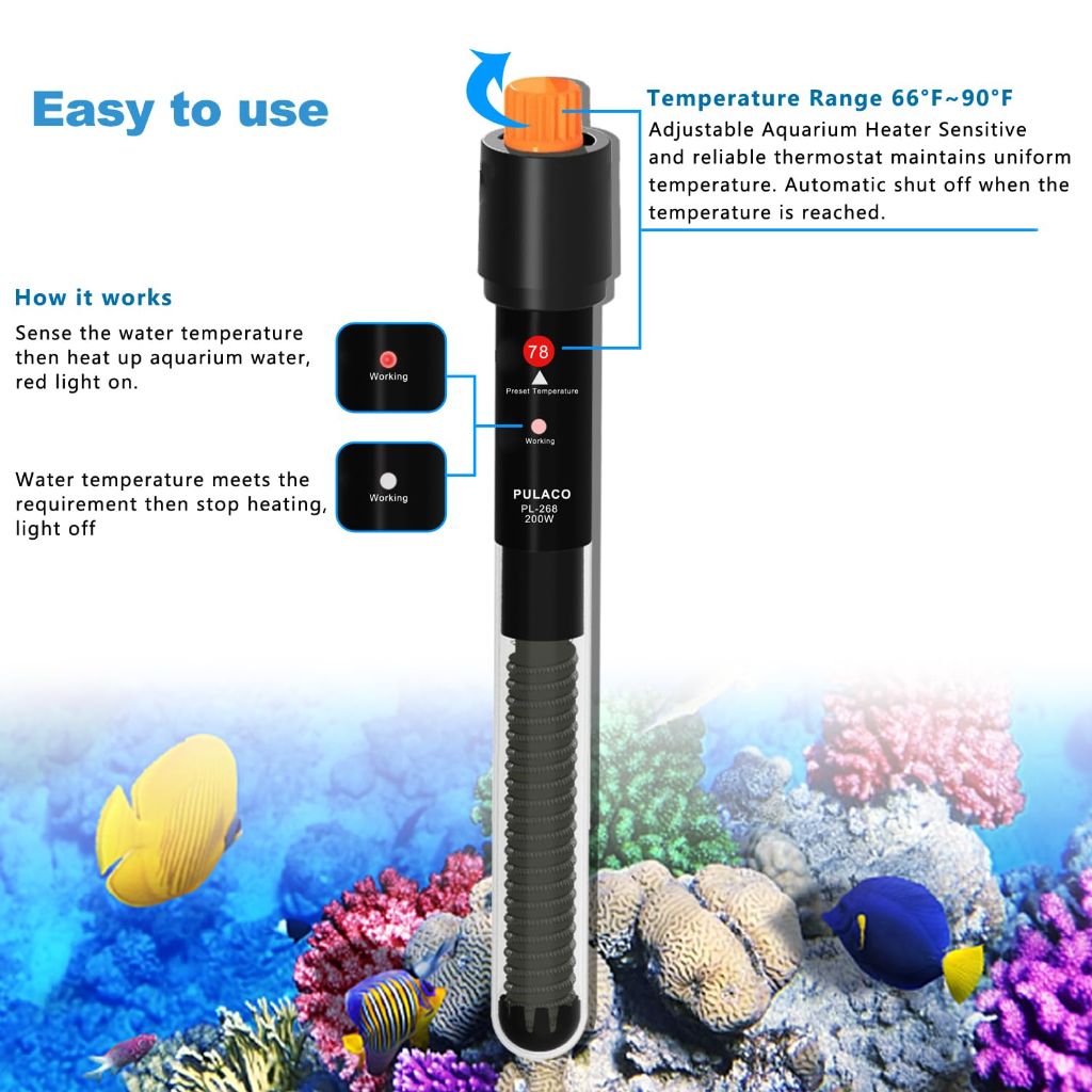 PULACO 200W Submersible Aquarium Heater for 25-50 Gallon Fish Tanks (PL-268)