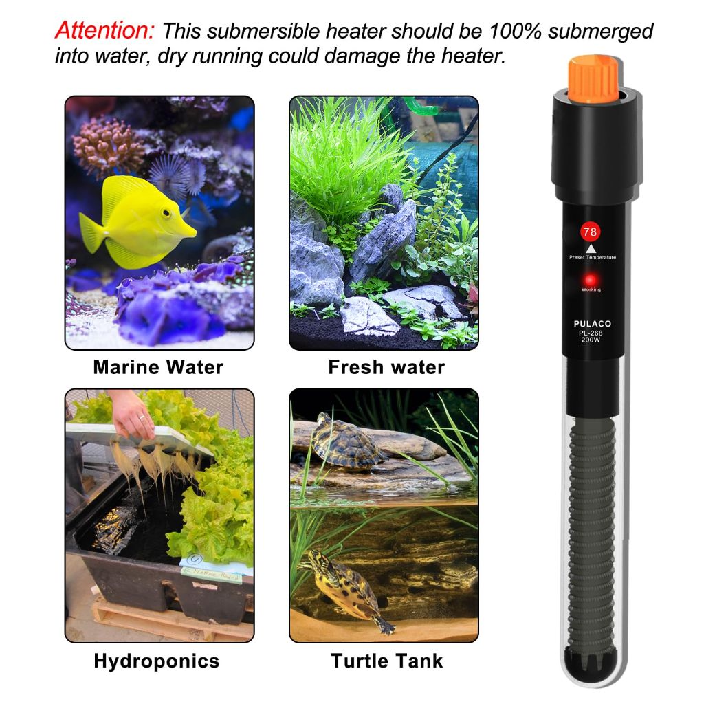 PULACO 200W Submersible Aquarium Heater for 25-50 Gallon Fish Tanks (PL-268)