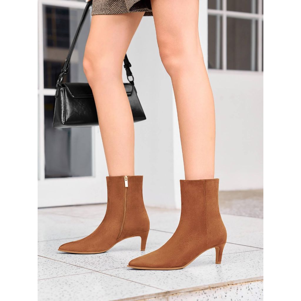 Coutgo Women's Kitten Heel Ankle Boots - Brown Suede, Size 9