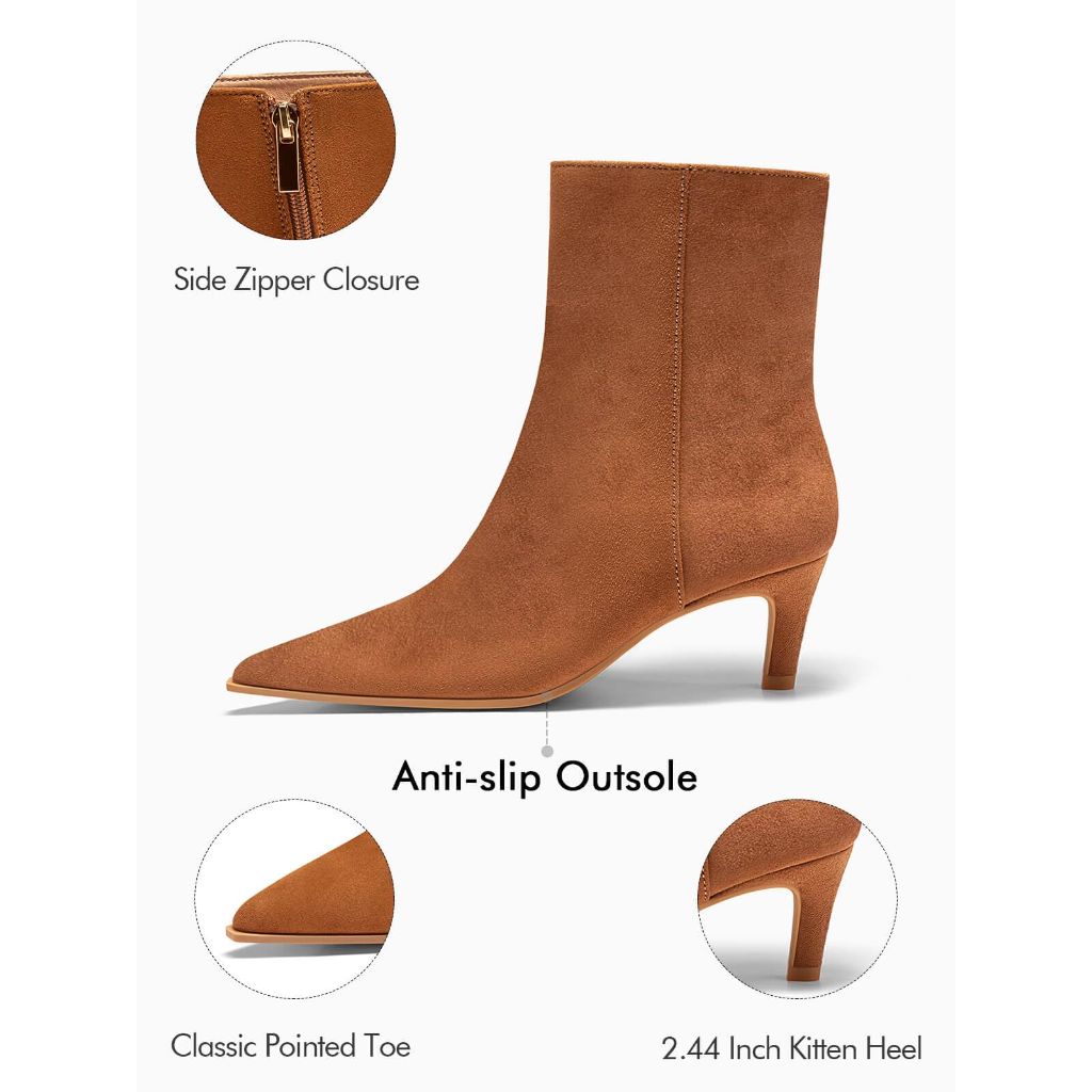 Coutgo Women's Kitten Heel Ankle Boots - Brown Suede, Size 9