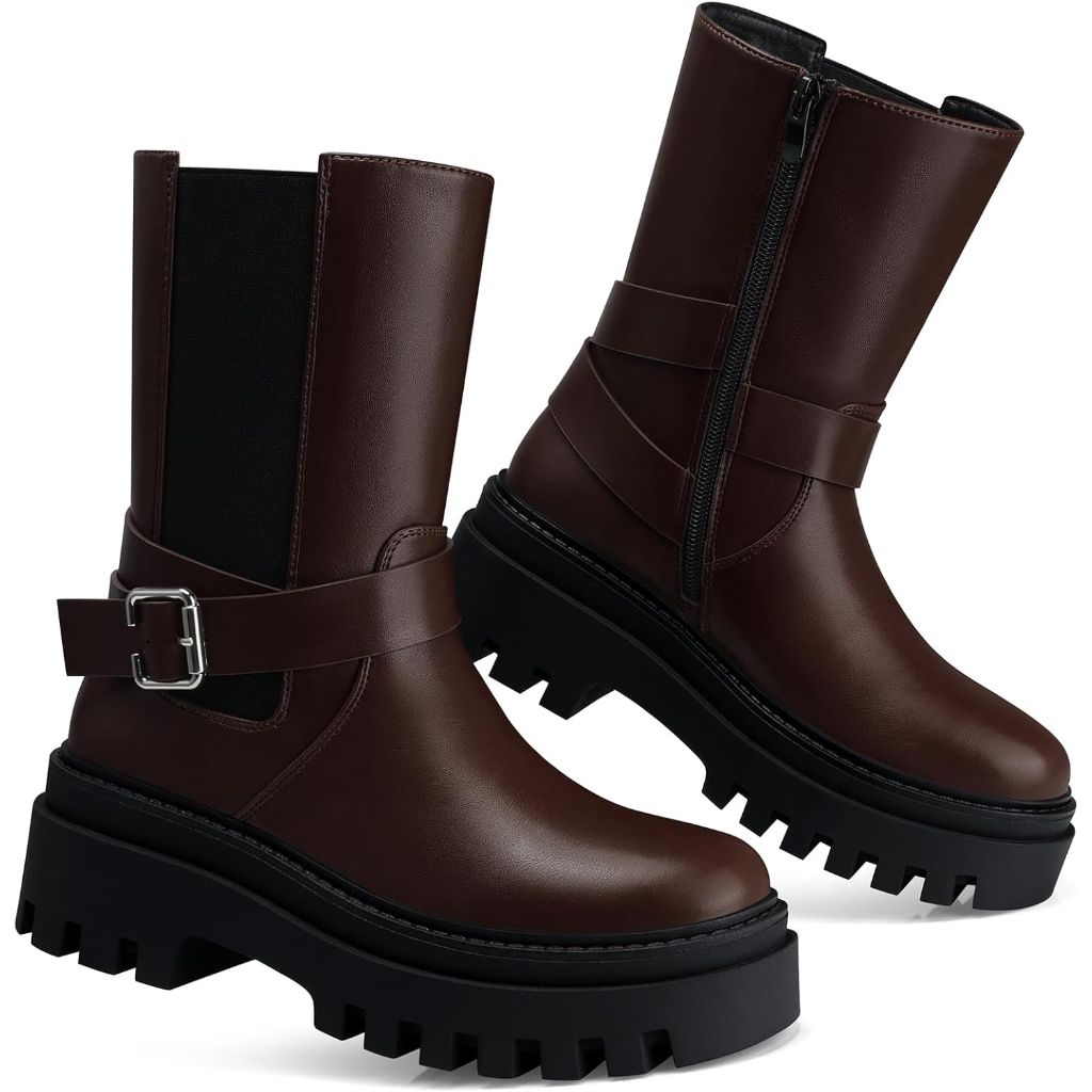 CELLENZ Women's Chelsea Ankle Booties, 2.48" Platform Heel - Dark Brown, Size 8.5