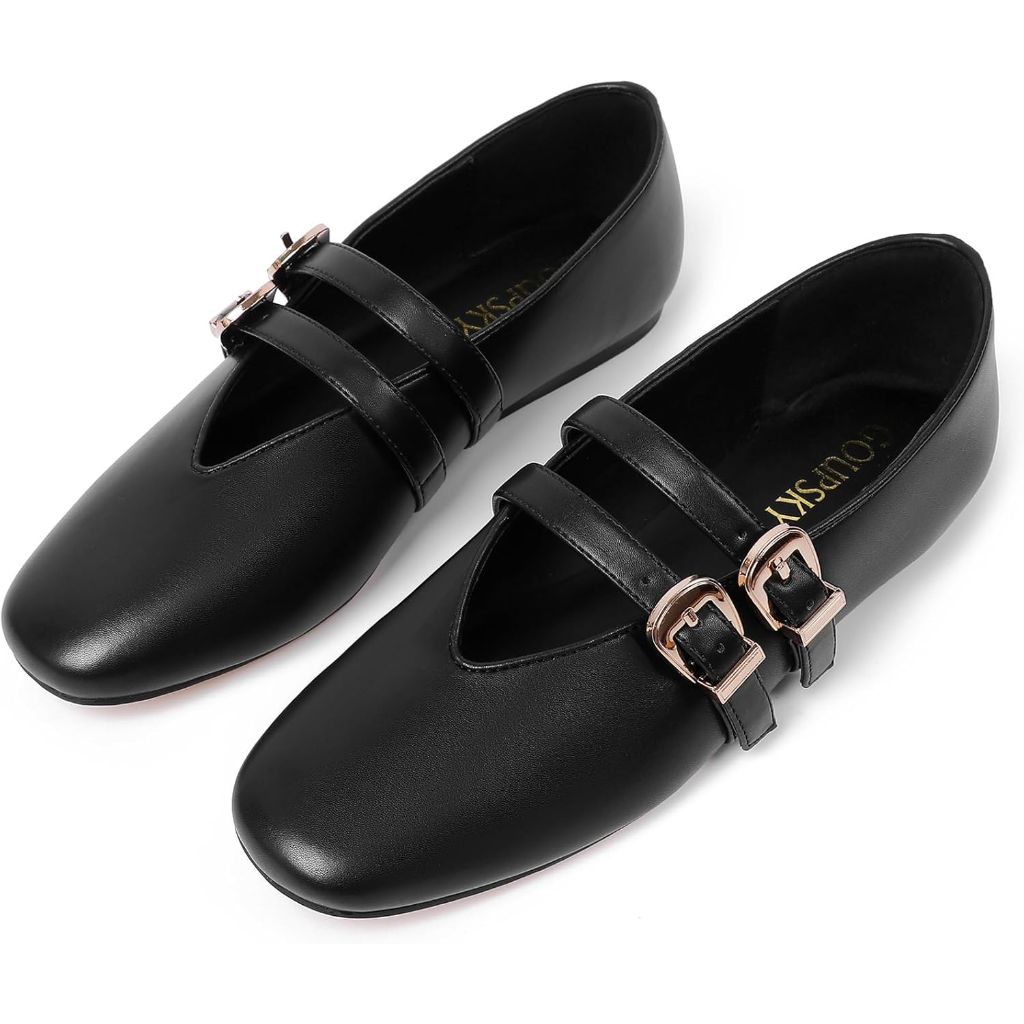 Women's Mary Jane Ballet Flats with Adjustable Double Buckle Strap - Black, Size 6.5