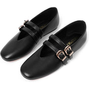 Women's Mary Jane Ballet Flats with Adjustable Double Buckle Strap - Black, Size 6.5