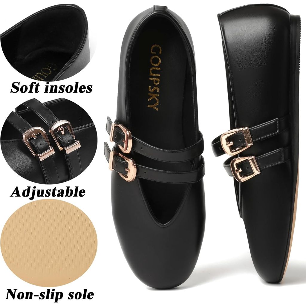 Women's Mary Jane Ballet Flats with Adjustable Double Buckle Strap - Black, Size 6.5