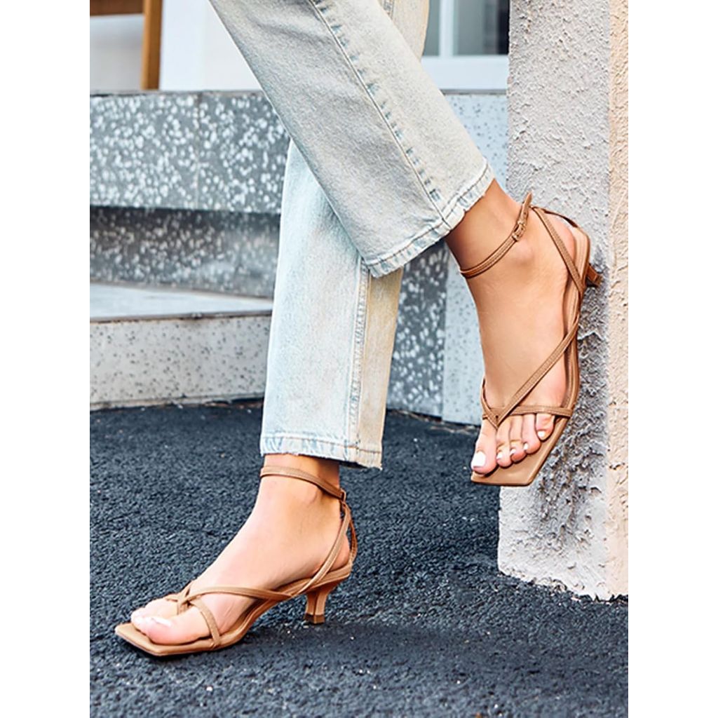 Coutgo Women's Strappy Low Kitten Heel Sandals - Camel, Size 9