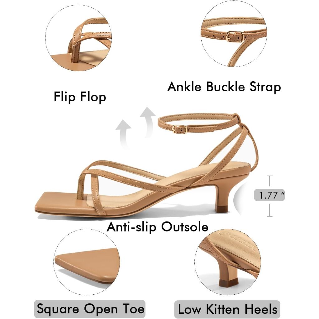 Coutgo Women's Strappy Low Kitten Heel Sandals - Camel, Size 9