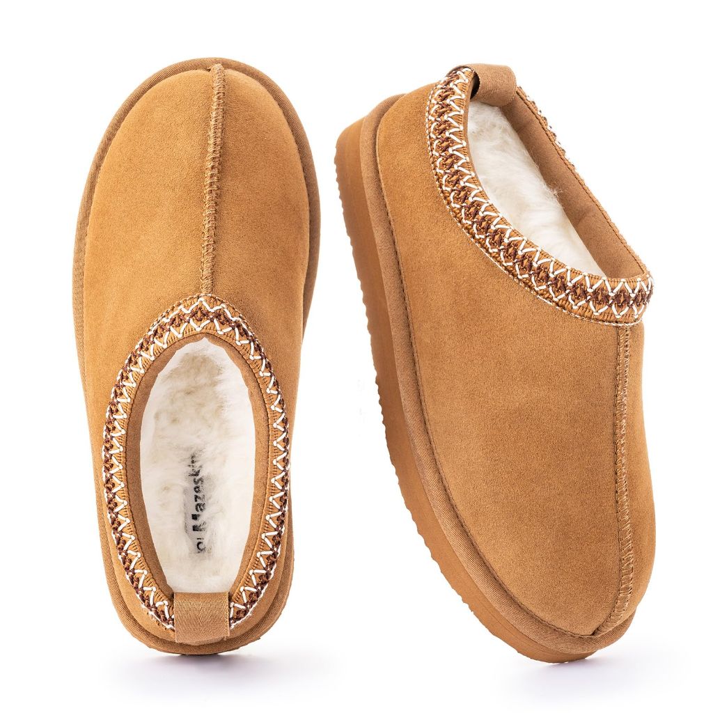 SZ 10, Mazeskin Women's 100% Shearling Genuine Suede Slippers | Chestnut