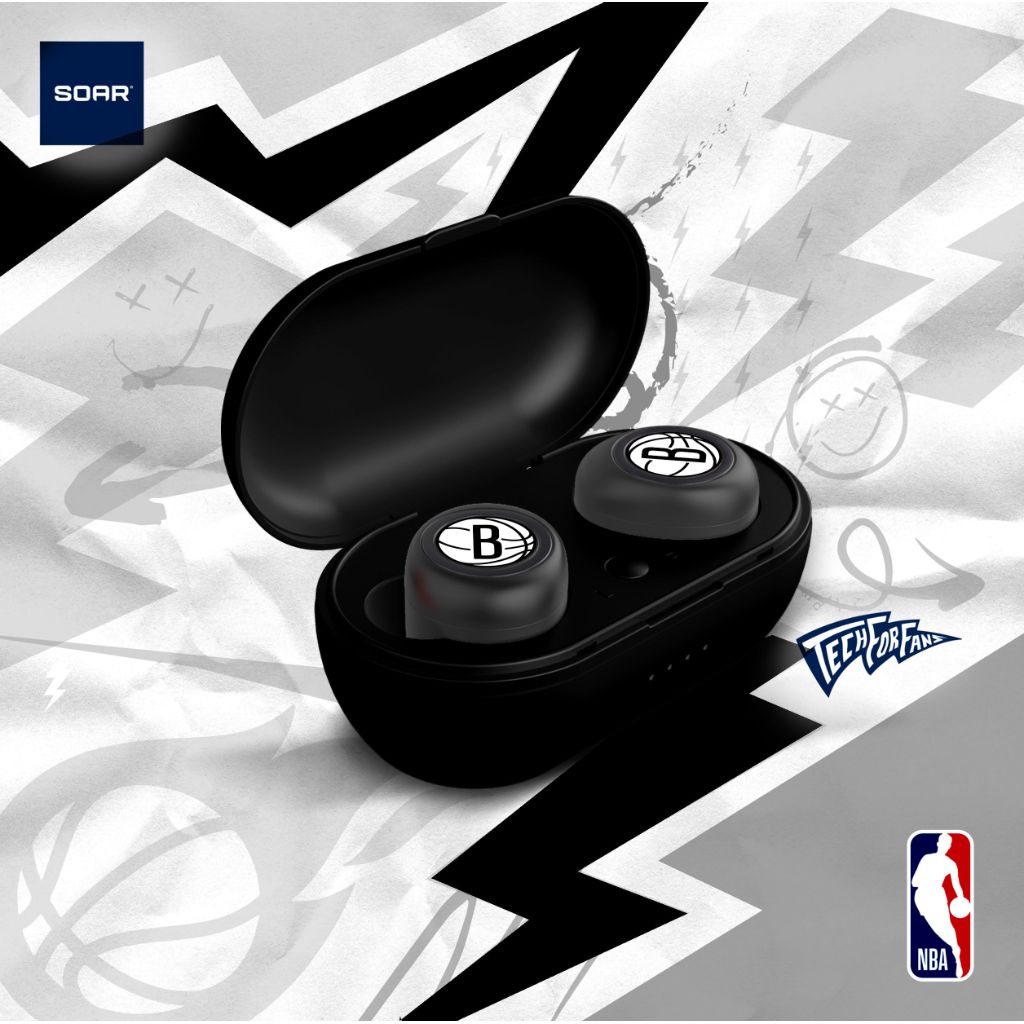 SOAR Officially Licensed NBA True Wireless Earbuds V.2 - Brooklyn Nets, Black